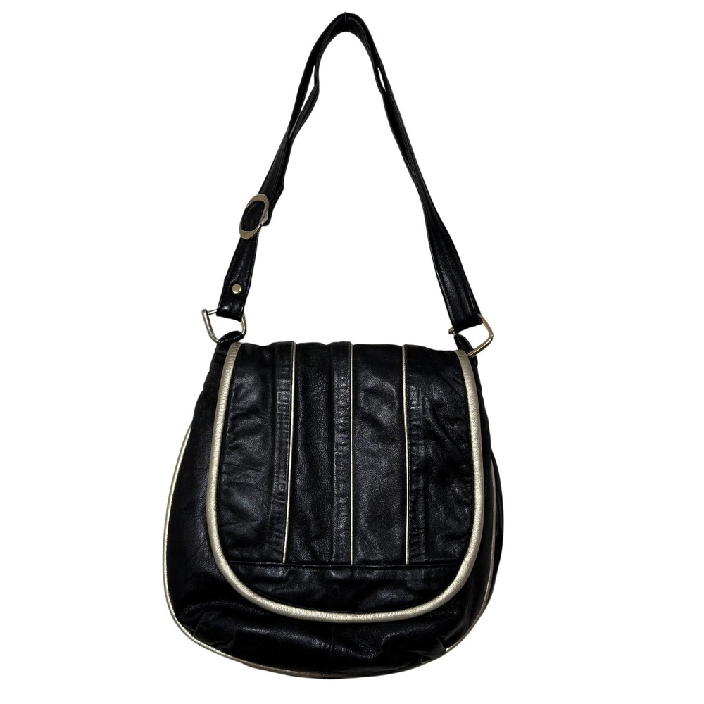 Vintage Californian Macasa Lamb Leather Shoulder Bag Black &‎ Gold Trim 90s Glam
